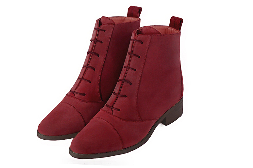 Burgundy red women's ankle boots with laces at the front. Round toe. Flat leather soles. Front view - Florence KOOIJMAN